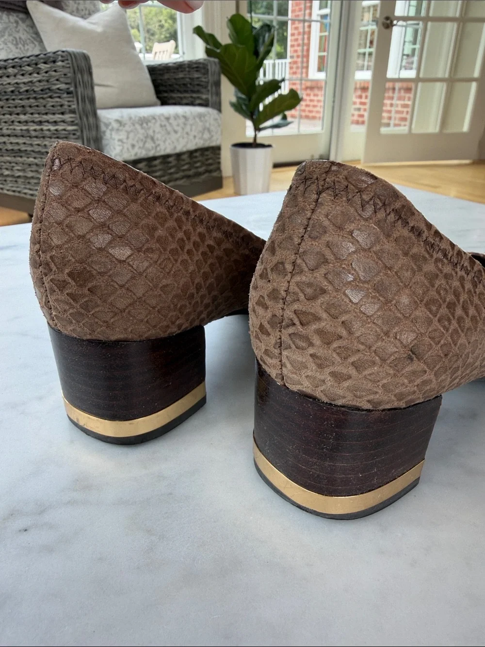 Tory Burch Brown Textured Block Heel Pumps with Gold Logo